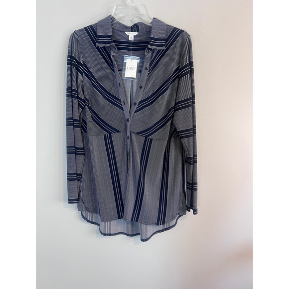 Cato Tops - Cato Womens Navy Blue White Striped Long Sleeve Button Down Blouse Size M NWT